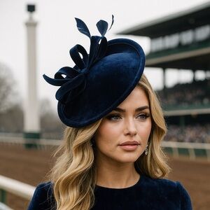 Navy Blue Velvet Gold Fascinator Disc Netting Bow Feather Church Derby Tea Hat